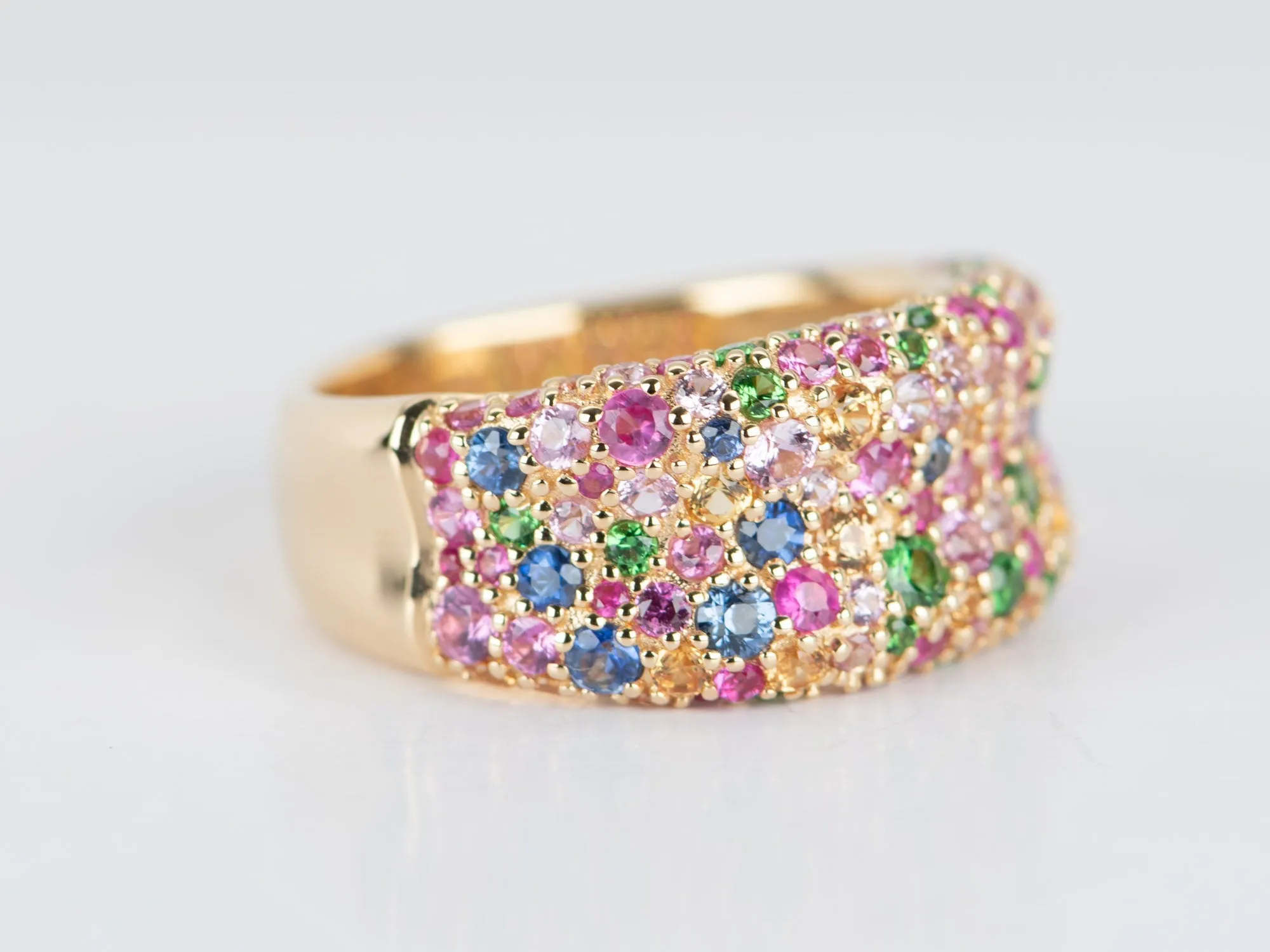 10mm Wide Mixed Bright Gemstone Pave Chunky Band 18K Gold ~8g R5074