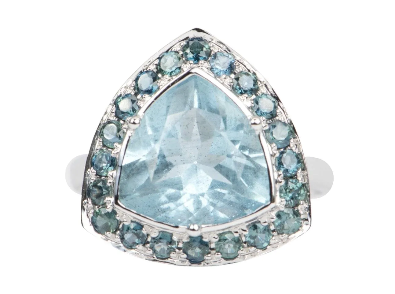 4.18ct Large Moss Aquamarine with Montana Sapphire Halo Engagement Ring 9K White Gold R6428