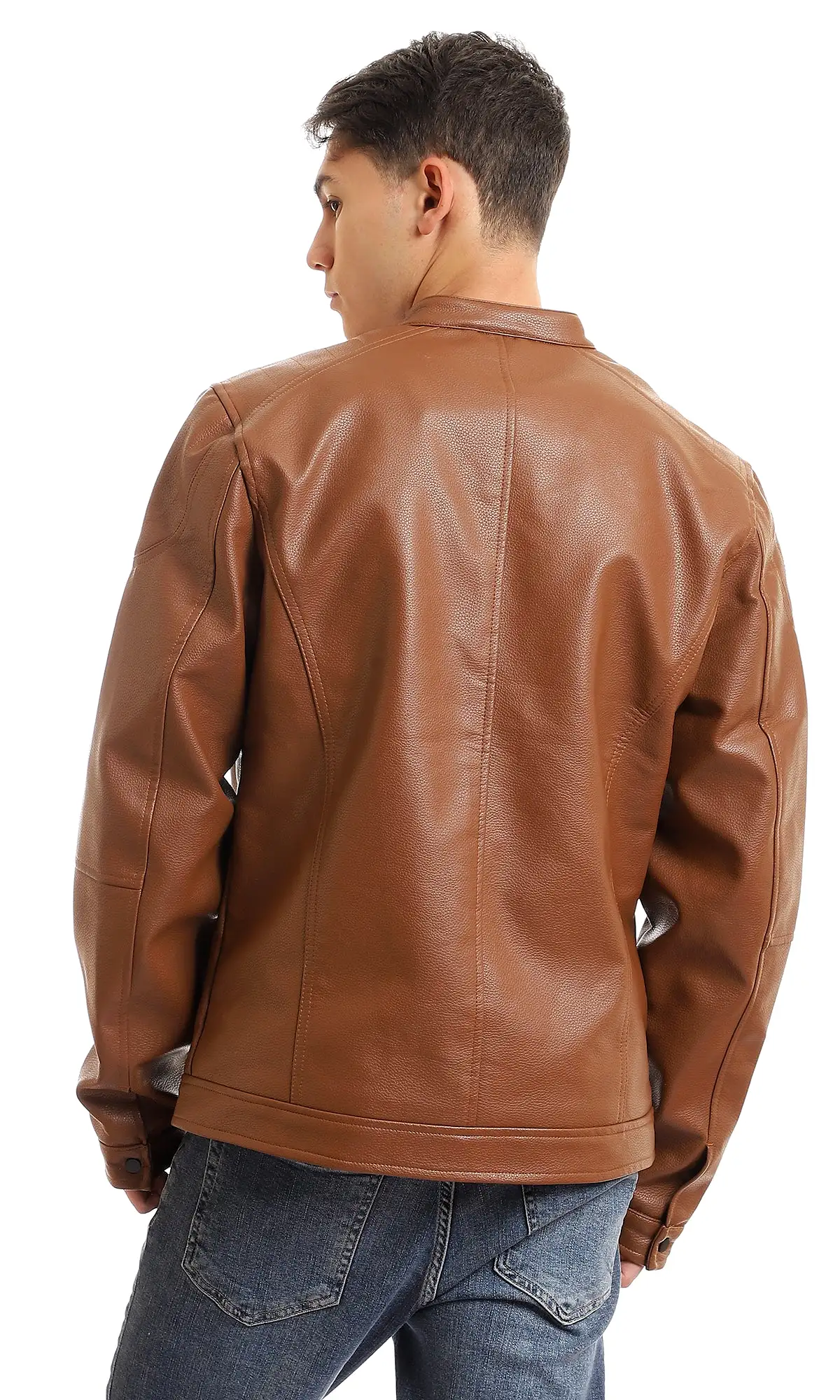 95853 Band Collar Chest Zipper Pocket Leather Jacket - Havana