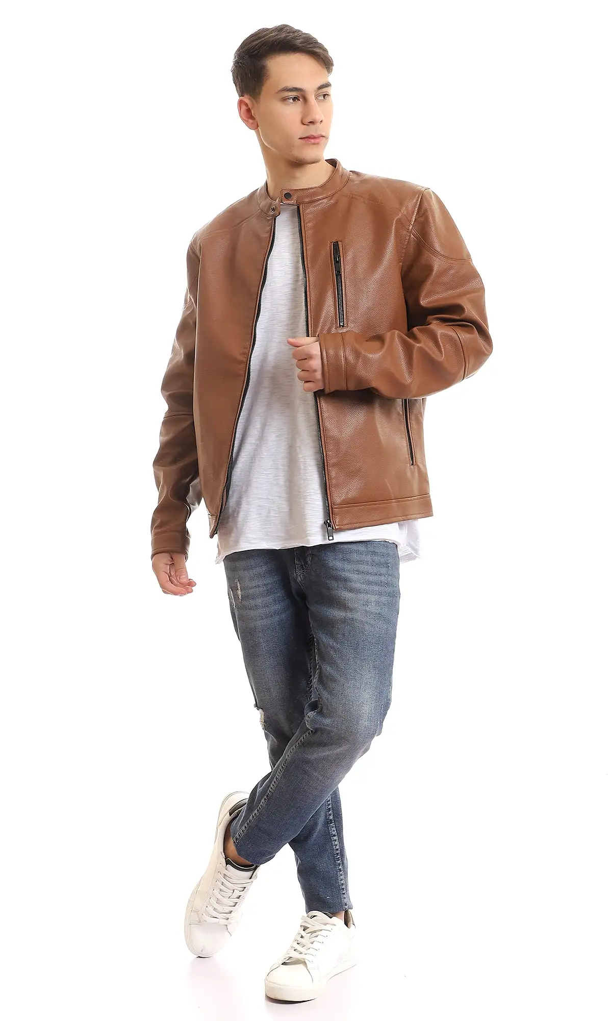 95853 Band Collar Chest Zipper Pocket Leather Jacket - Havana