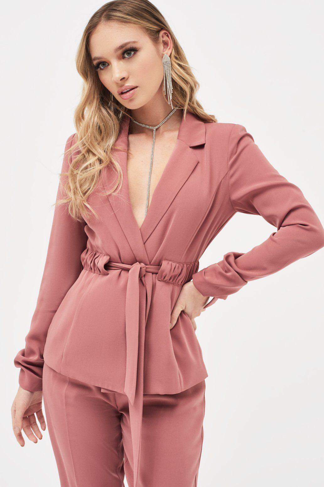 ALLISON Belted Ruche Sleeve Jacket in Dusty Rose