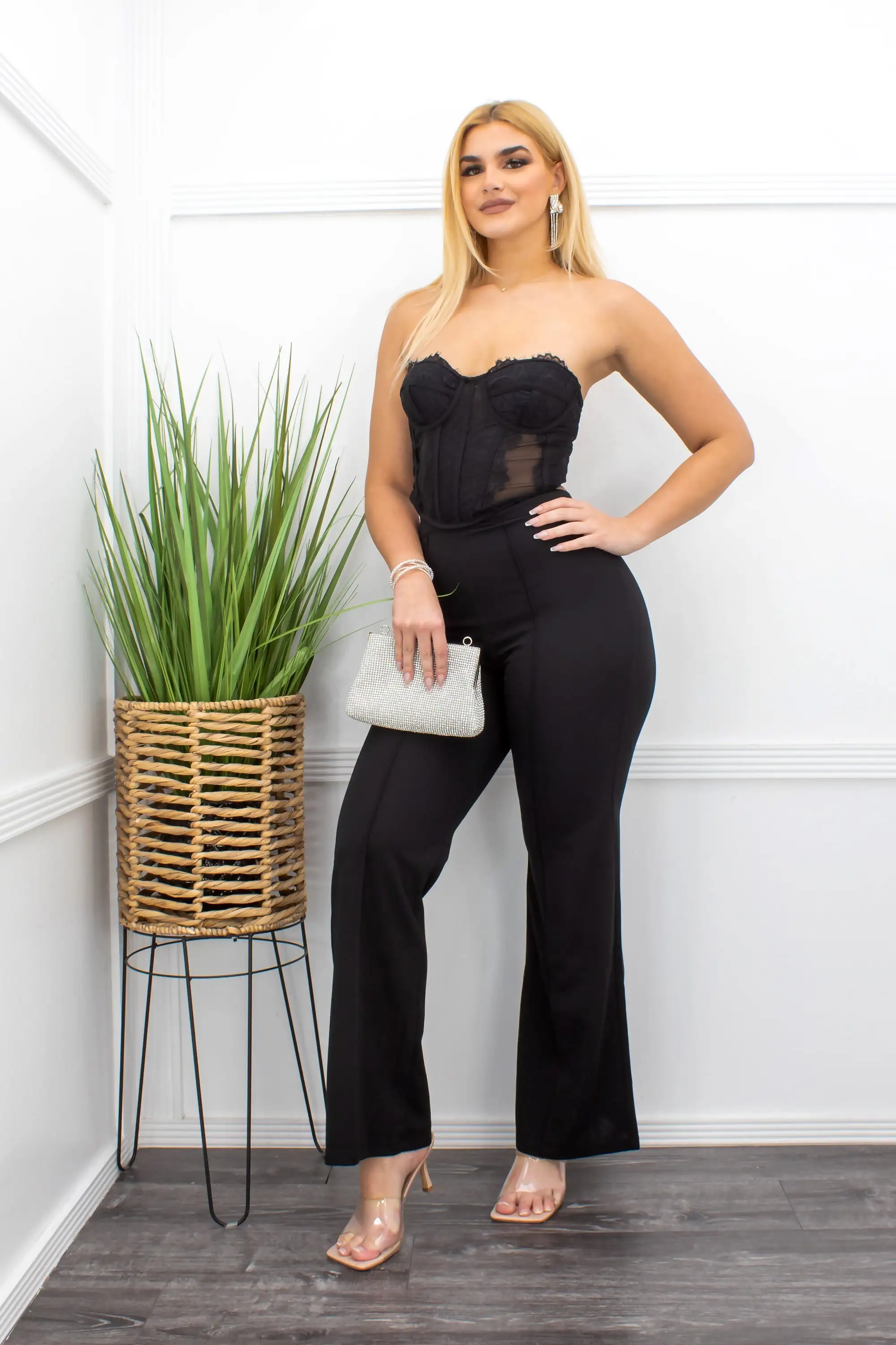 Black Lace Corset Open Back Jumpsuit