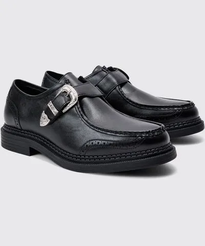 boohoo Mens Faux Leather Derby Shoes With Western Buckle