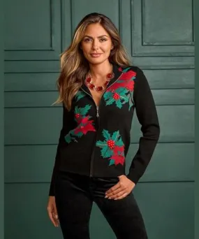 Boston Proper Holiday Floral Embellished Zip Up Cardigan Black