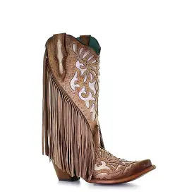 C3766- M Corral white and brown western cowgirl leather boots for women