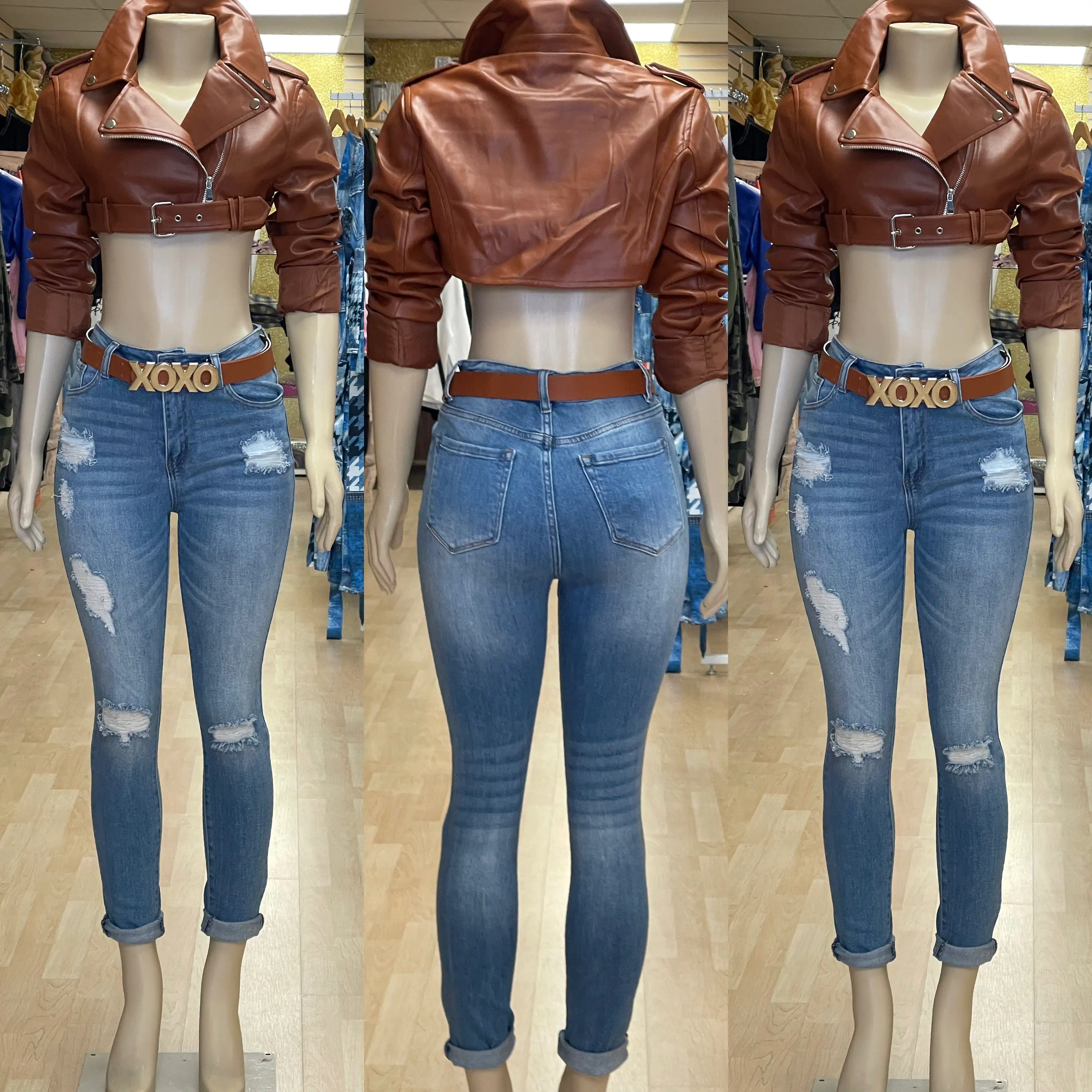 Crop Belt Faux Leather Jacket (Dark Tan)