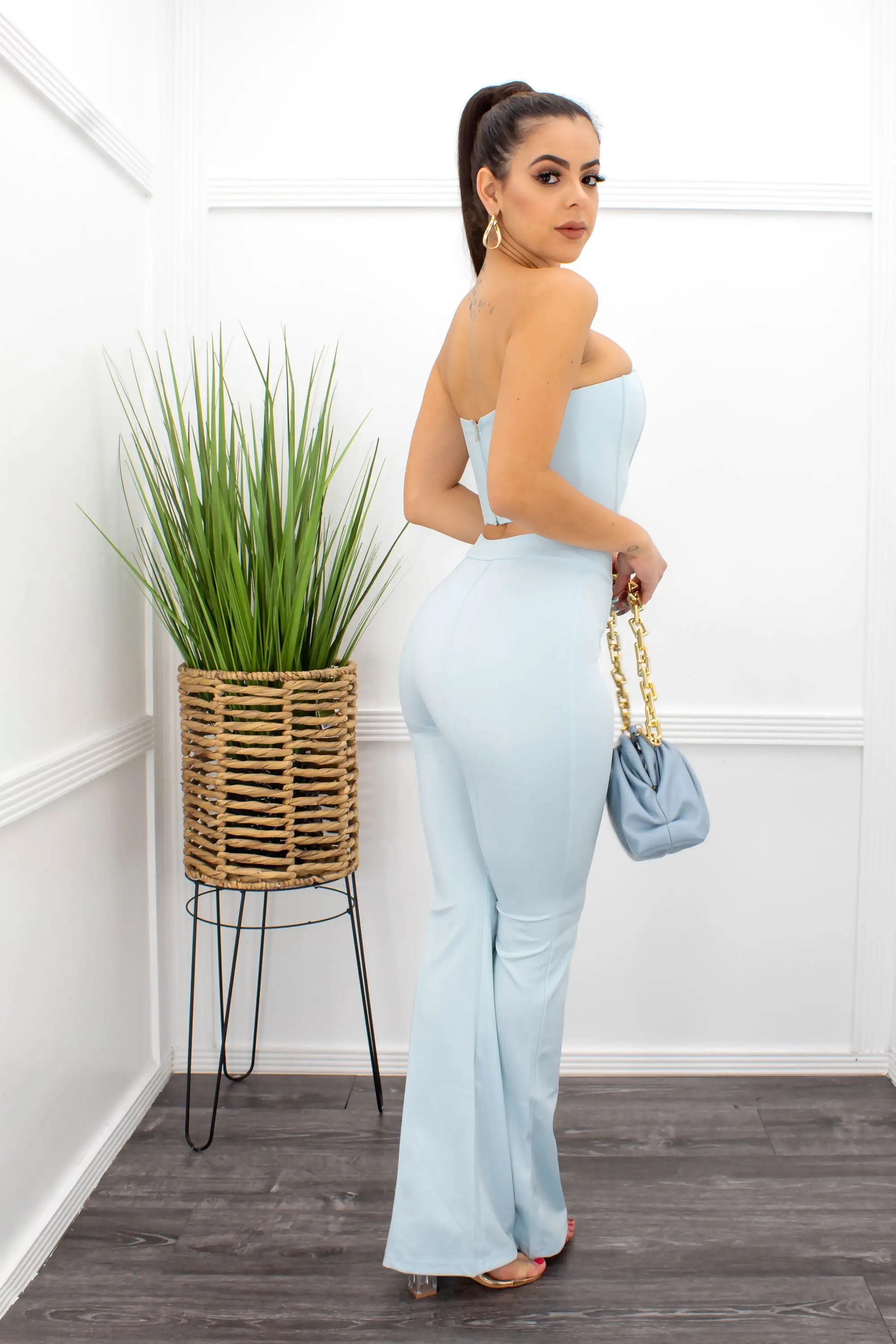 Crop Top Corset Style B Blue Pant Set