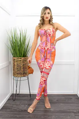 Eva Corset Top Orange Multi Skinny Jumpsuit