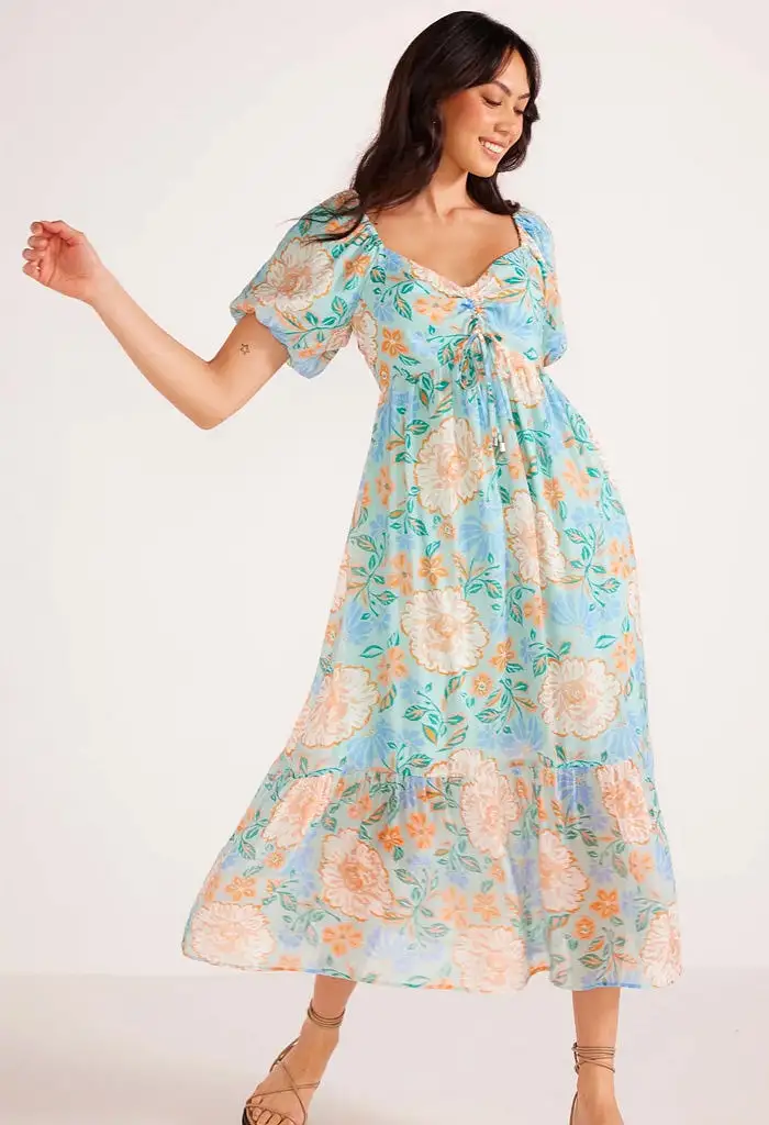 Evelyn Puff Sleeve Midi Dress-Mint/Floral