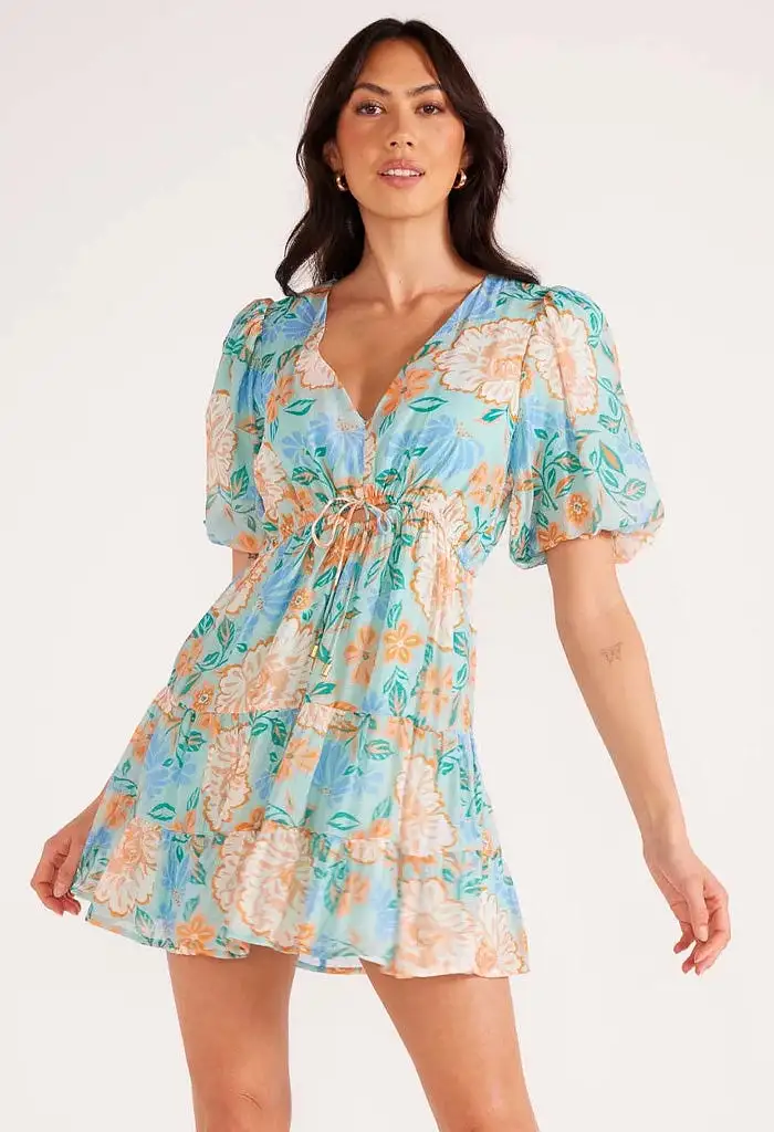 Evelyn Puff Sleeve Mini Dress-Mint/Floral