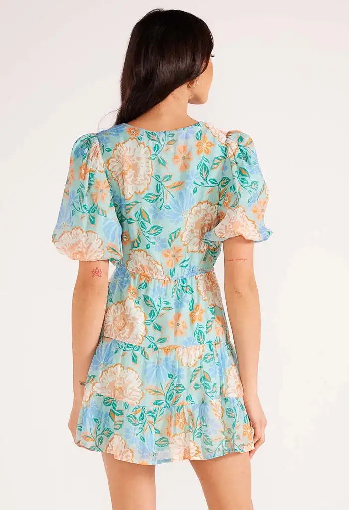 Evelyn Puff Sleeve Mini Dress-Mint/Floral