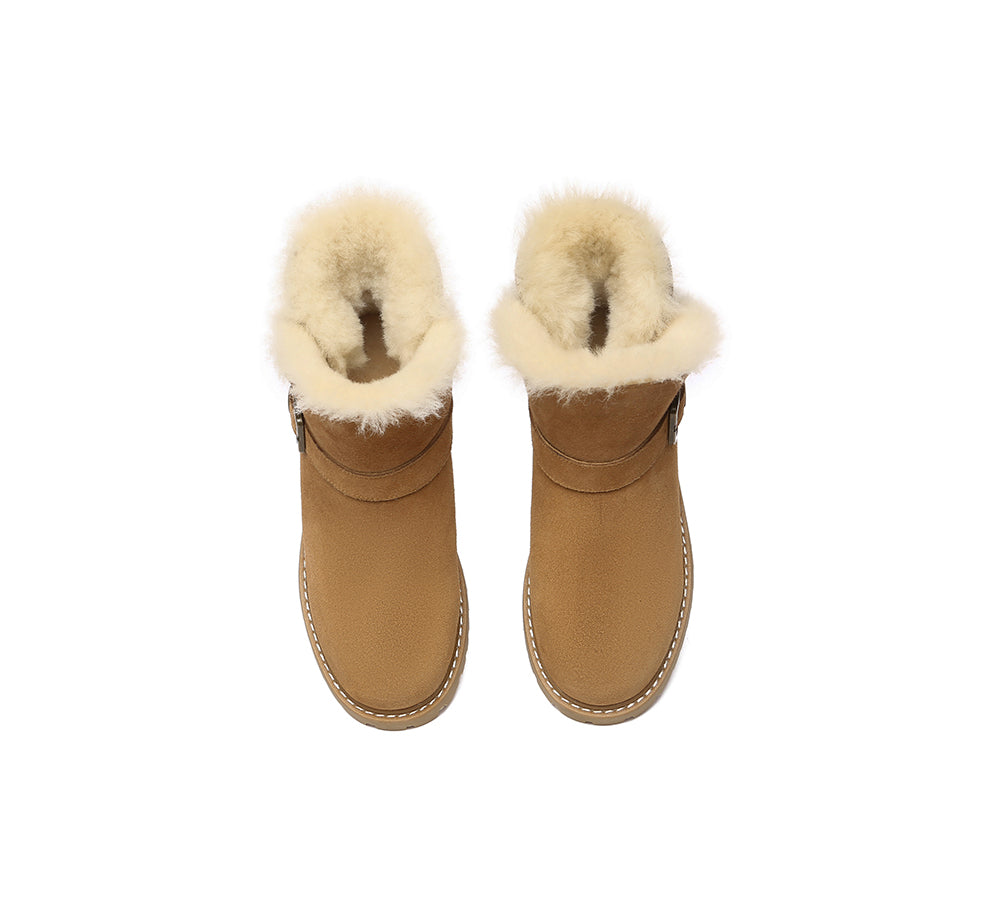 EVERAU UGG Women Sheepskin Wool Buckle Decor Ankle Boots Polarwalk