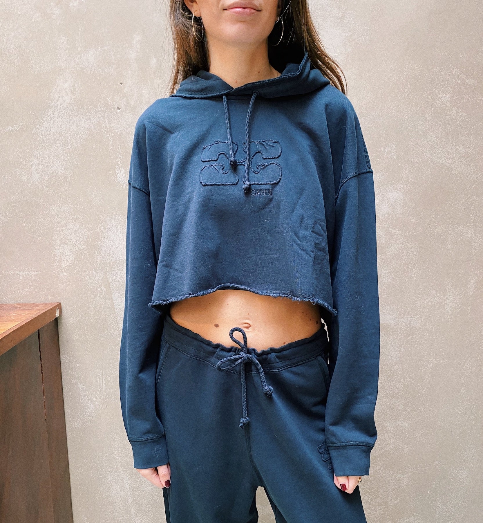 GANNI Dark Blue Isoli Cropped Hoodie