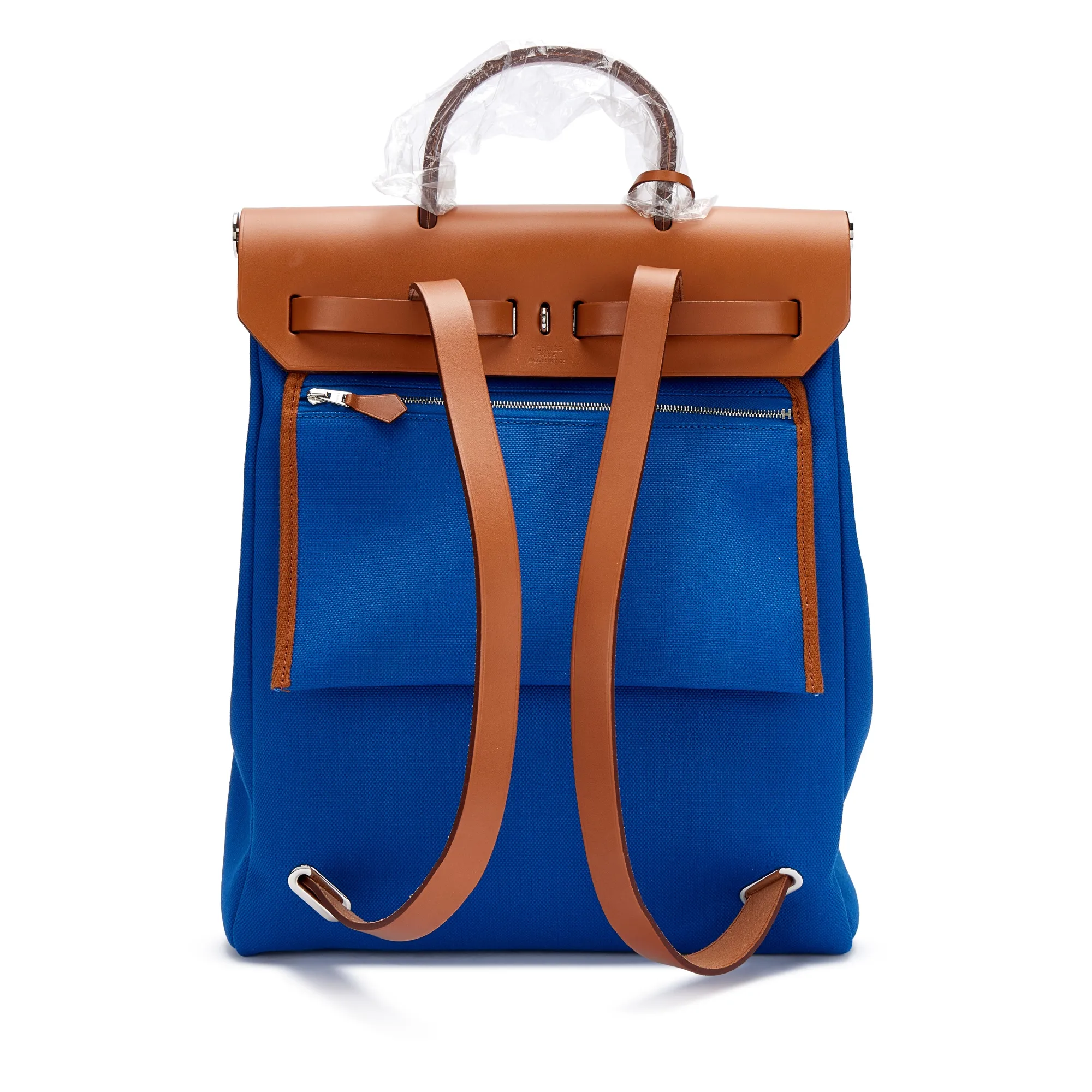 Hermès Natural Vache Hunter and Bleu Electric Toile Herbag A Dos Zip Backpack Palladium Hardware, 2022