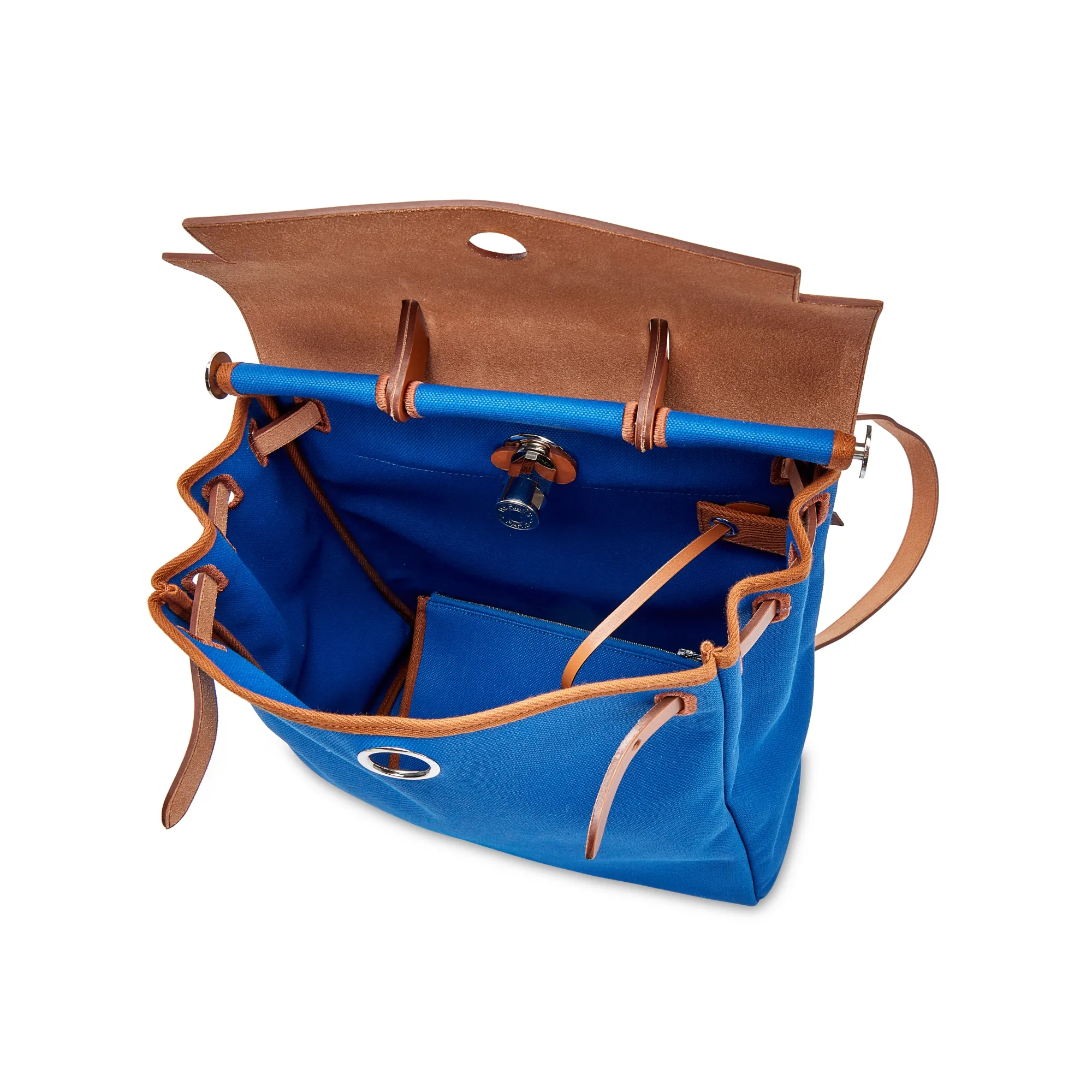 Hermès Natural Vache Hunter and Bleu Electric Toile Herbag A Dos Zip Backpack Palladium Hardware, 2022