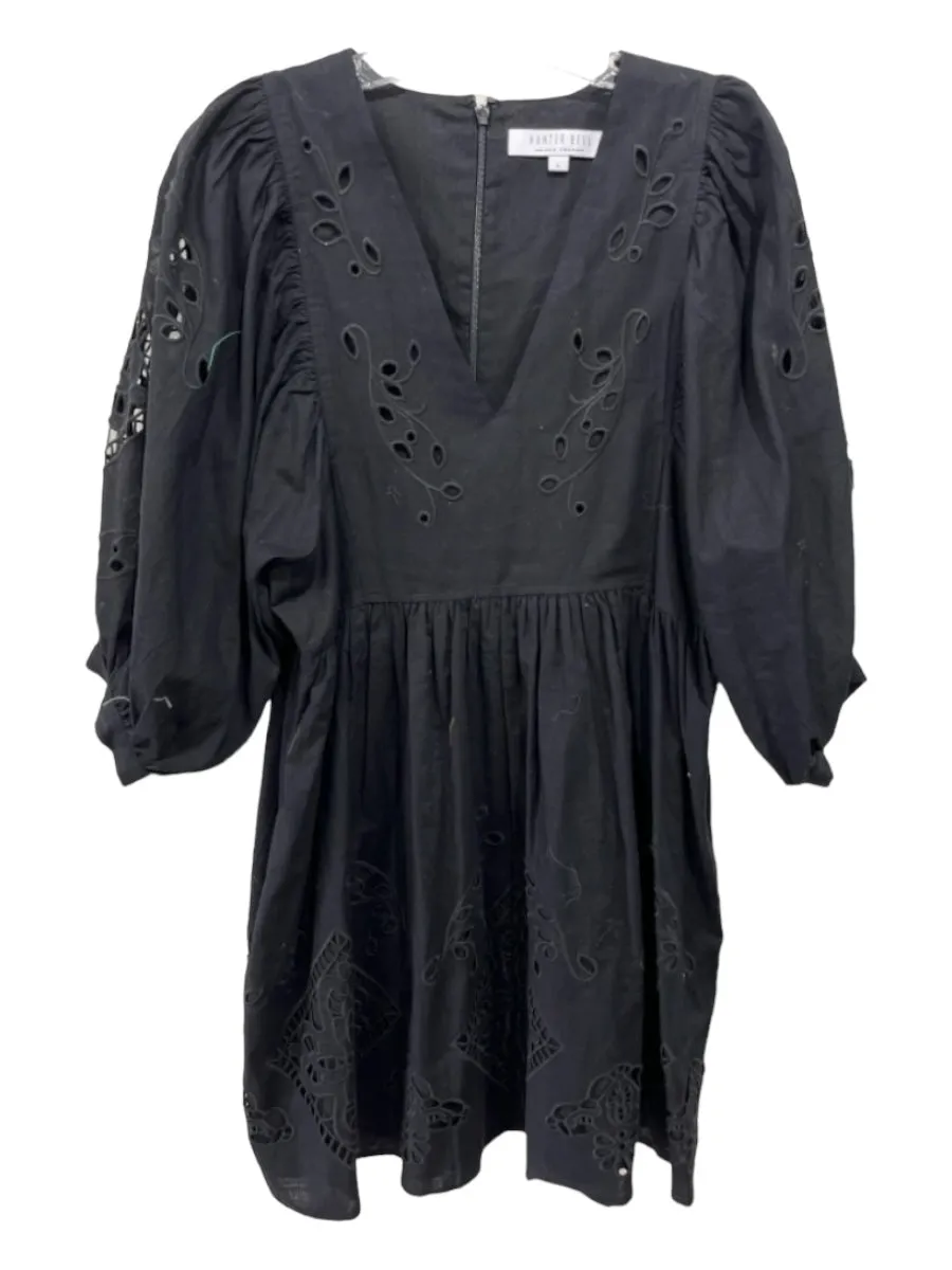 Hunter Bell Size L Black Cotton V Neck Eyelet Floral Puff 3/4 Sleeve Dress