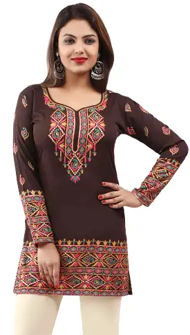 India Blouse Tunic Top Kurti Women's Printed Indian Apparel (Brown)