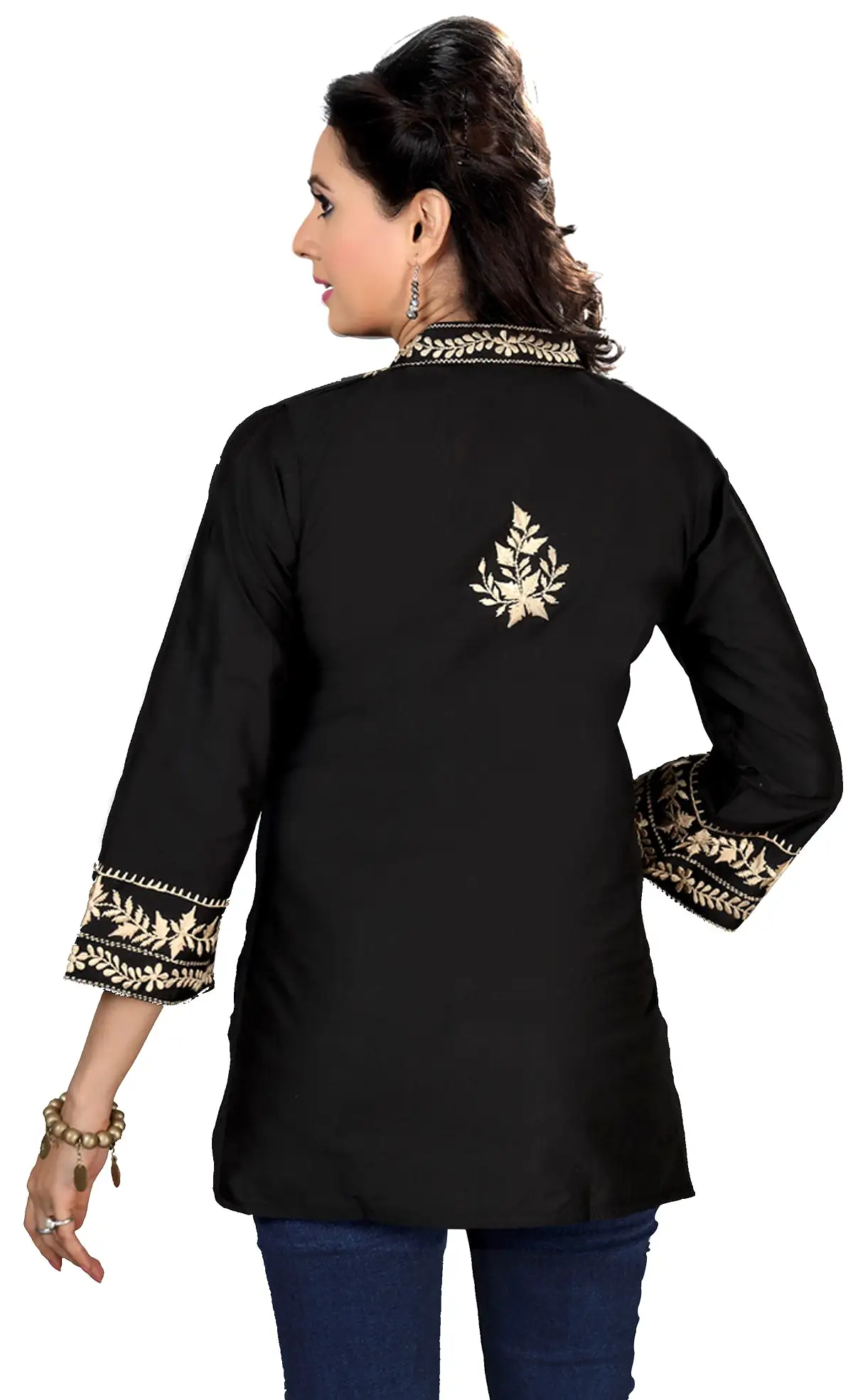 India Embroidered Cotton Tunic Top Kurti Womens India Clothing (Black)