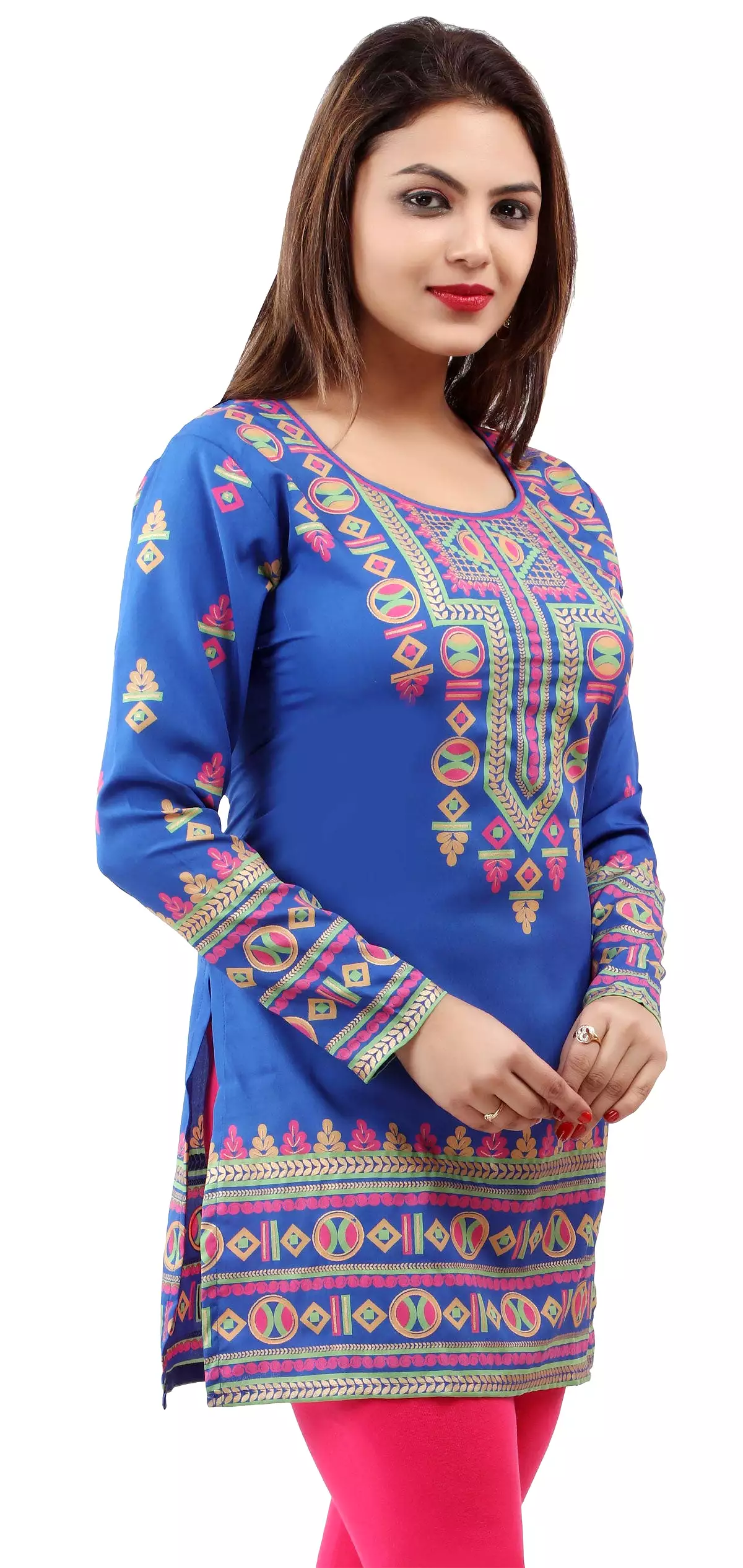 India Kurti Tunic Top Womens Printed Indian Apparel (Blue)