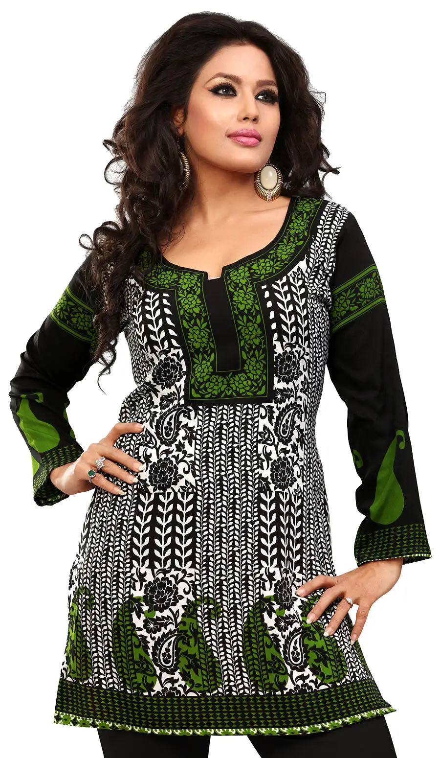 India Long Tunic Top Kurti Womens Printed Indian Apparel (Black)