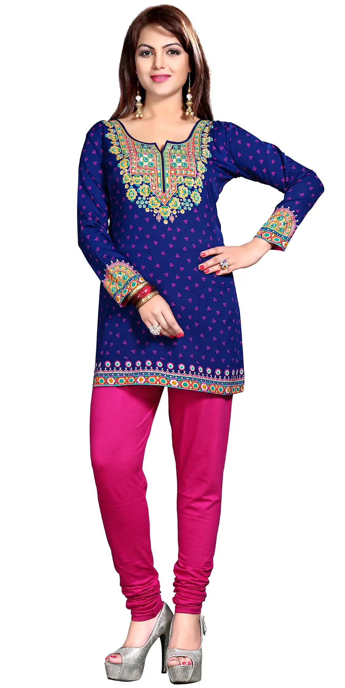 India Short Tunic Top Kurti Womens Printed Indian Apparel (Blue)