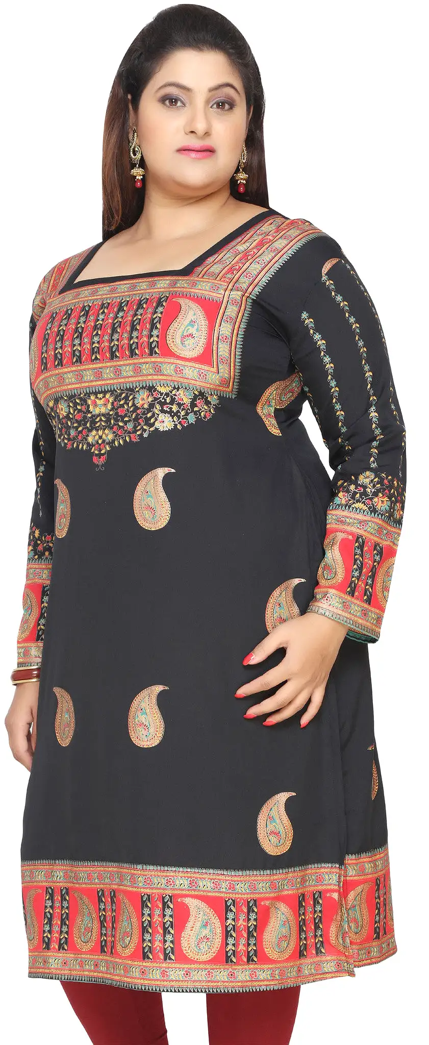 India Tunic Long Top Kurti Womens Plus Size Clothes (Black)