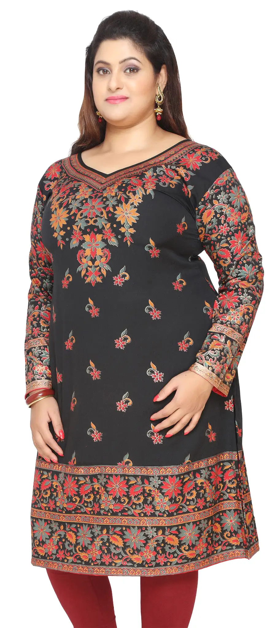 India Tunic Long Top Kurti Womens Plus Size Indian Clothes (Black)