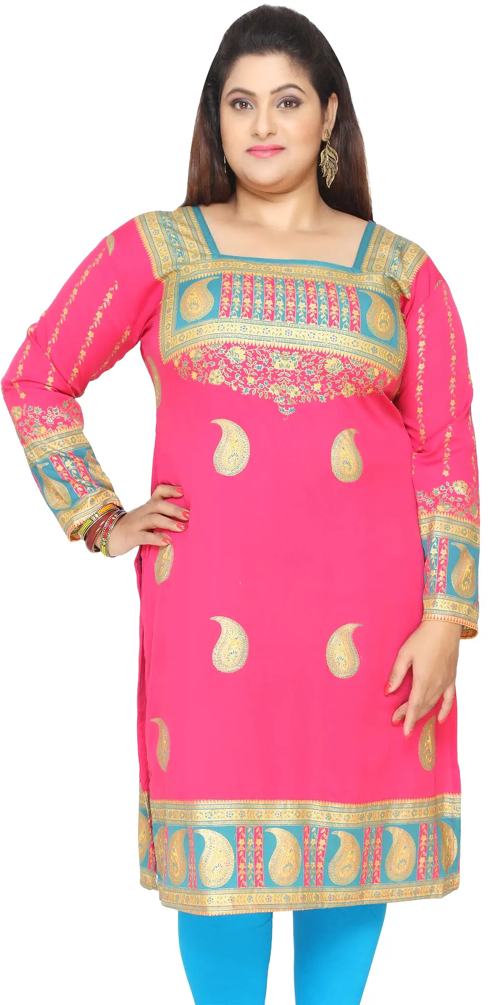 India Tunic Long Top Kurti Womens Plus Size Indian Clothes (Pink)