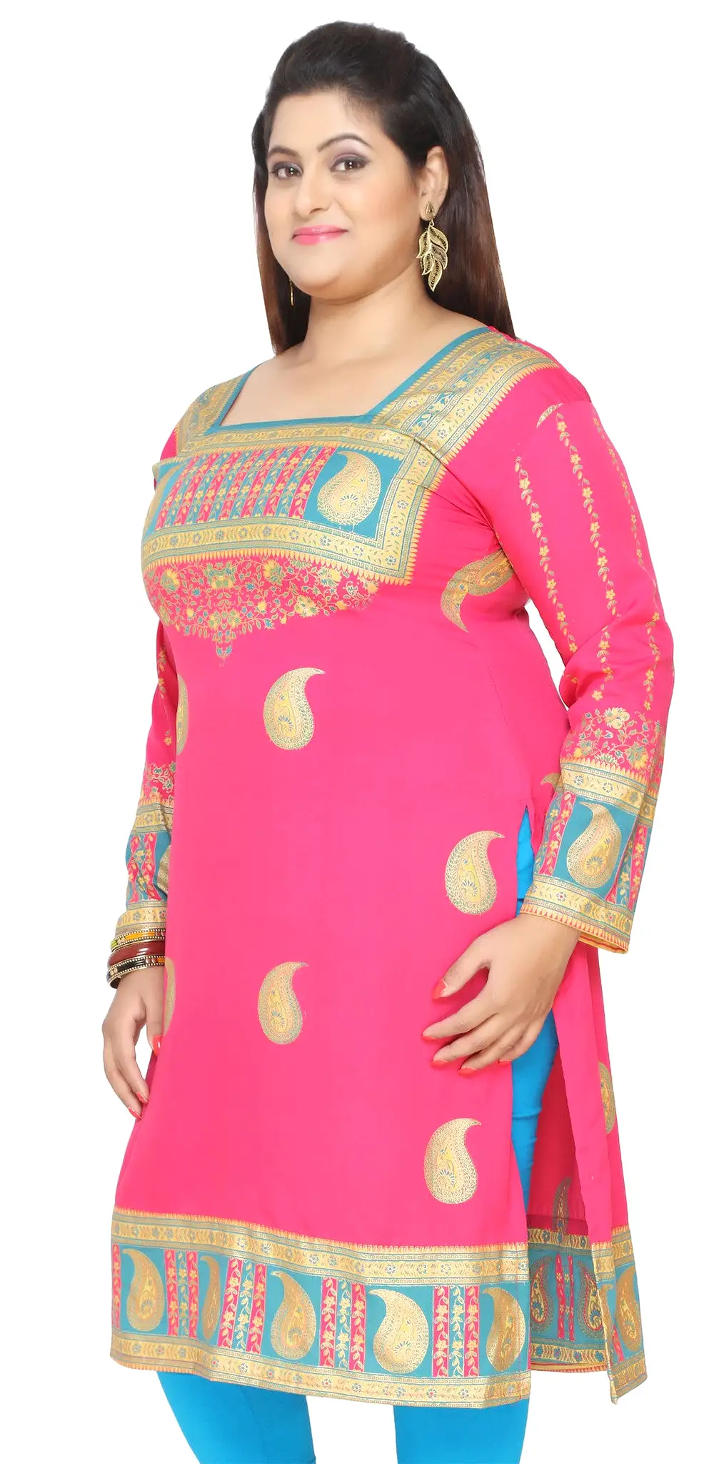 India Tunic Long Top Kurti Womens Plus Size Indian Clothes (Pink)