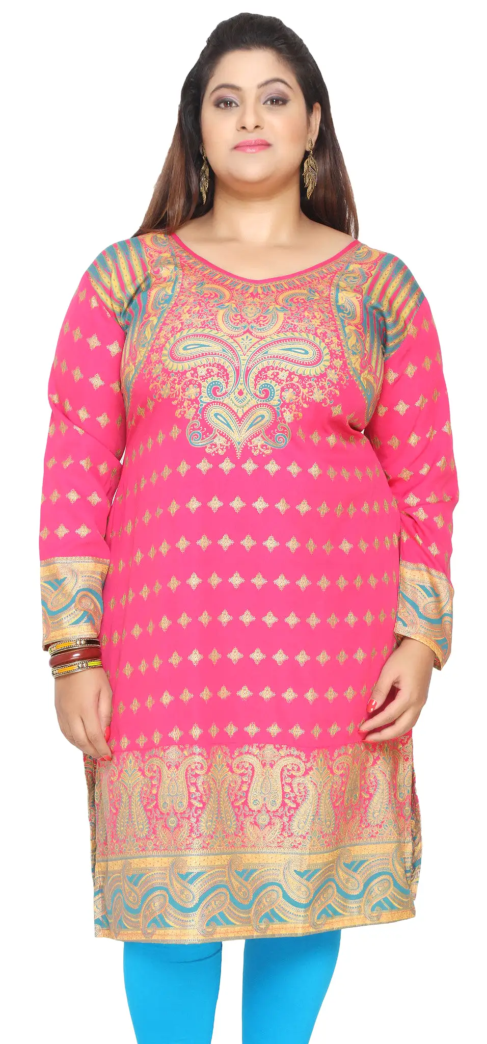 India Tunic Long Top Kurti Womens Plus Size Indian Clothes (Pink)