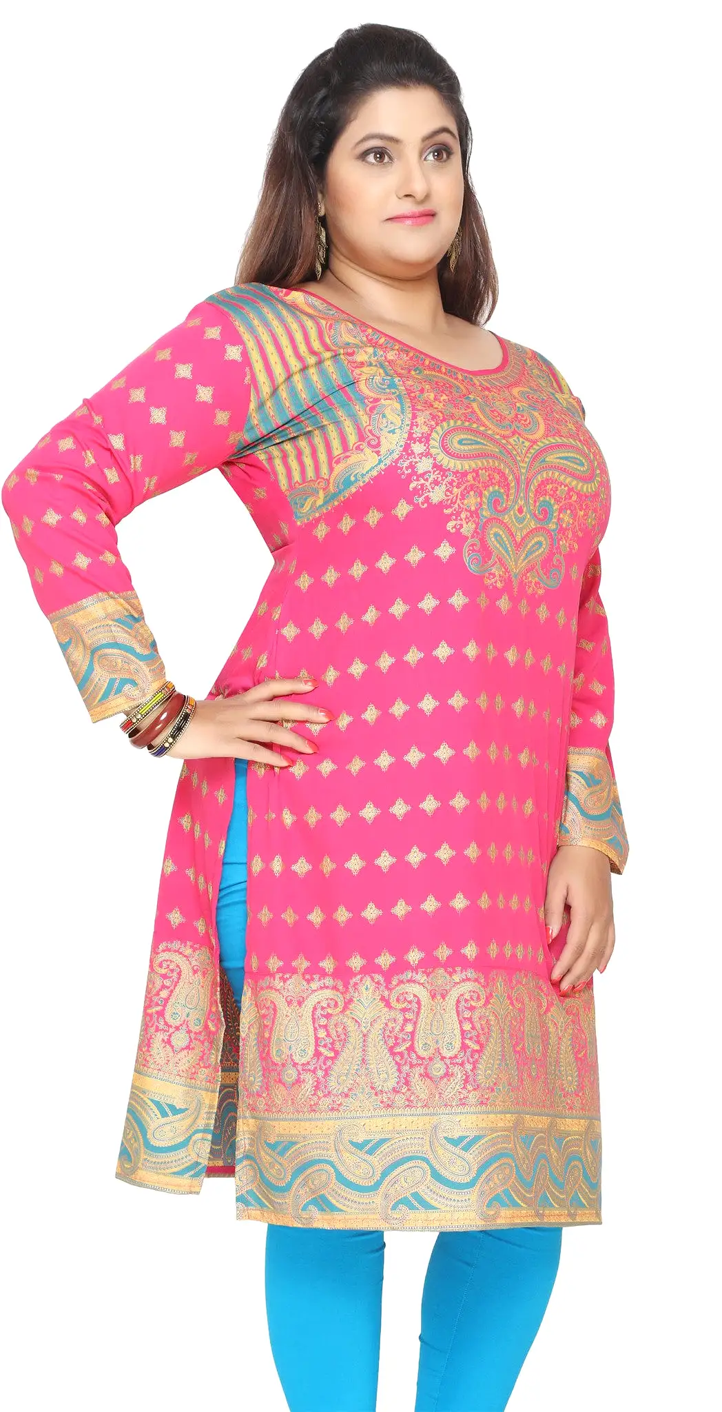 India Tunic Long Top Kurti Womens Plus Size Indian Clothes (Pink)