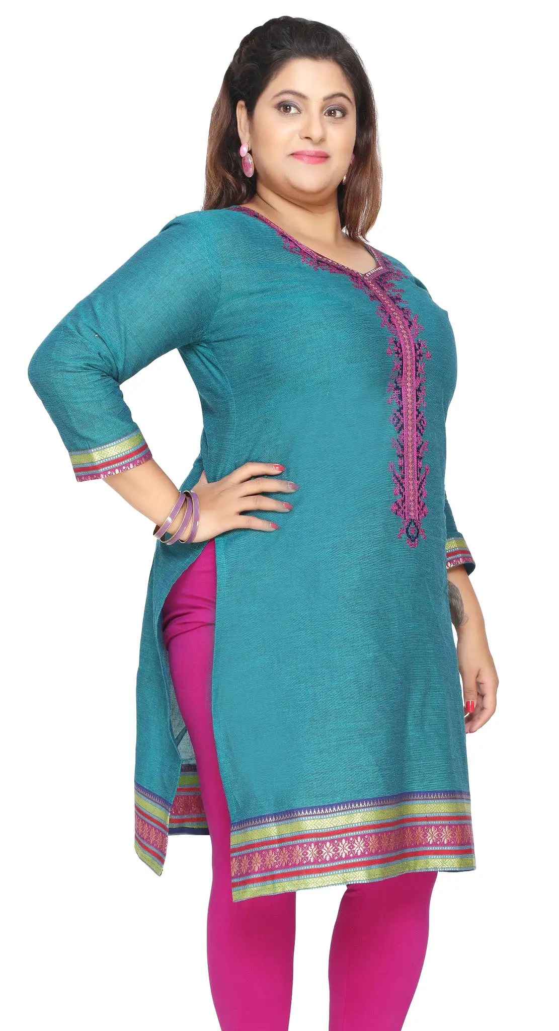 India Tunic Long Top Kurti Womens Plus Size Indian Clothes (Turquoise)