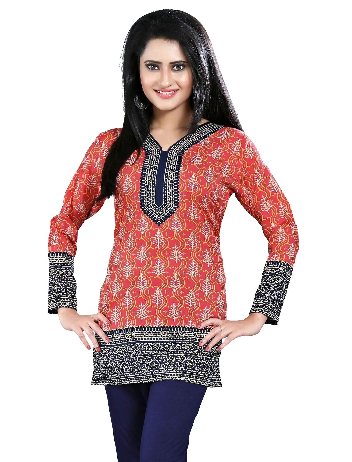 India Tunic Top Kurti Womens Long Blouse Indian Apparel (Red)