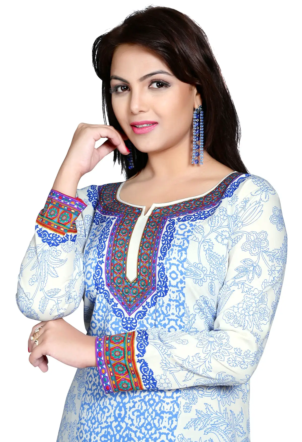 India Tunic Top  Kurti Womens Printed Indian Clothing (White)