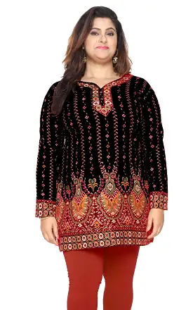 India Tunic Top Kurti Womens Printed Plus Size Indian Clothes (Black)