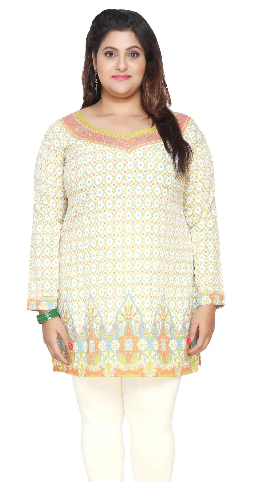 India Tunic Top Kurti Womens Printed Plus Size Indian Clothes (Green)