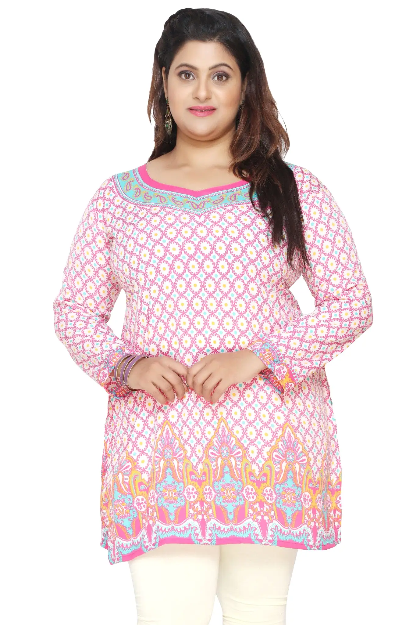 India Tunic Top Kurti Womens Printed Plus Size Indian Clothes (Pink)