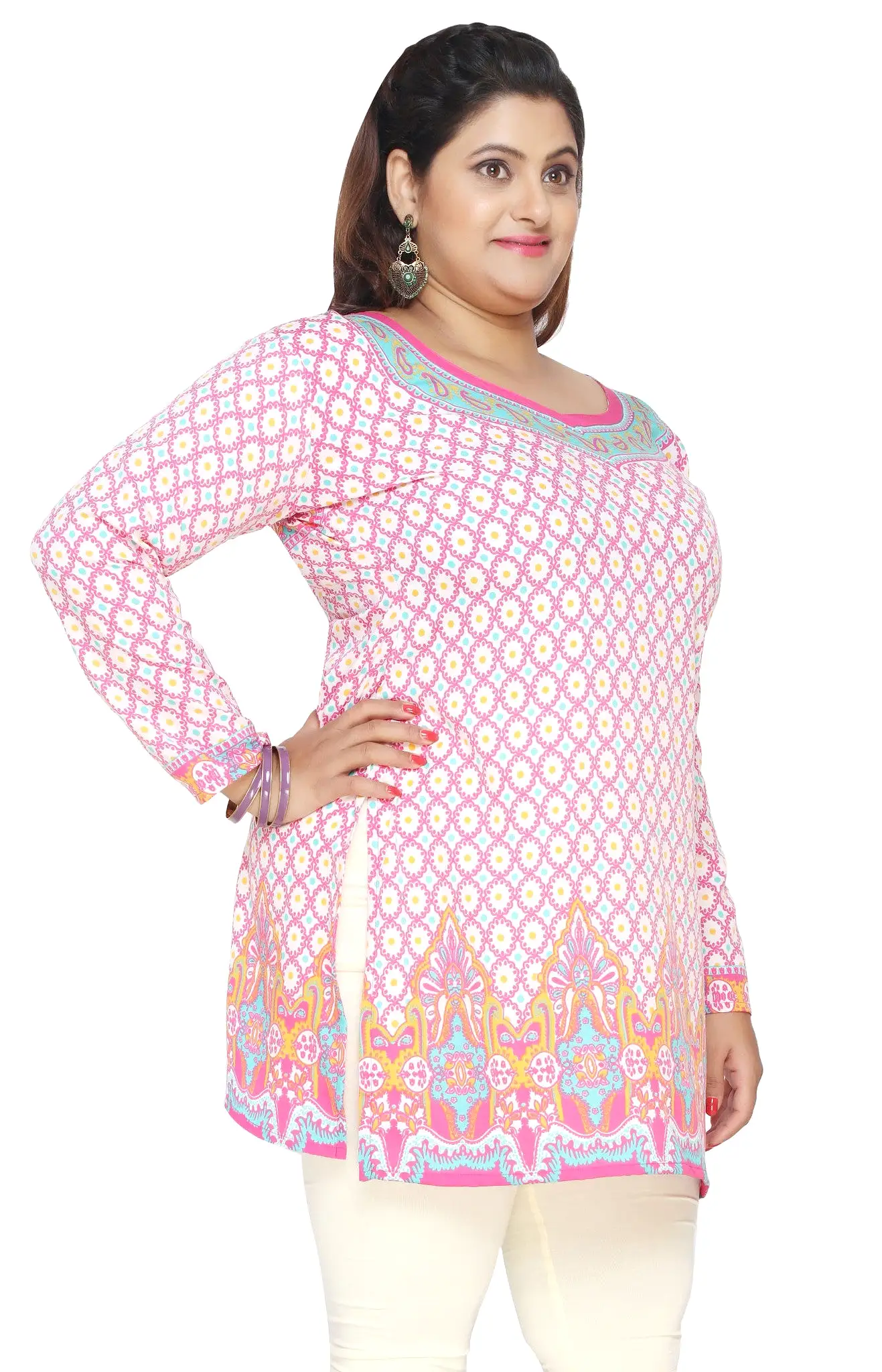 India Tunic Top Kurti Womens Printed Plus Size Indian Clothes (Pink)