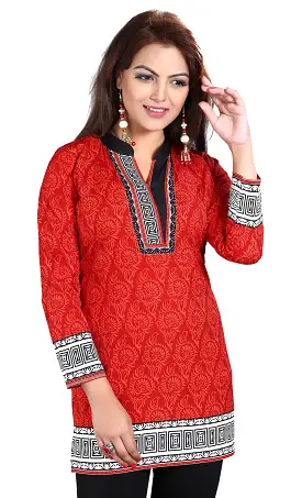 India Tunic Top Long  Kurti Womens Printed Indian Clothing (Red)