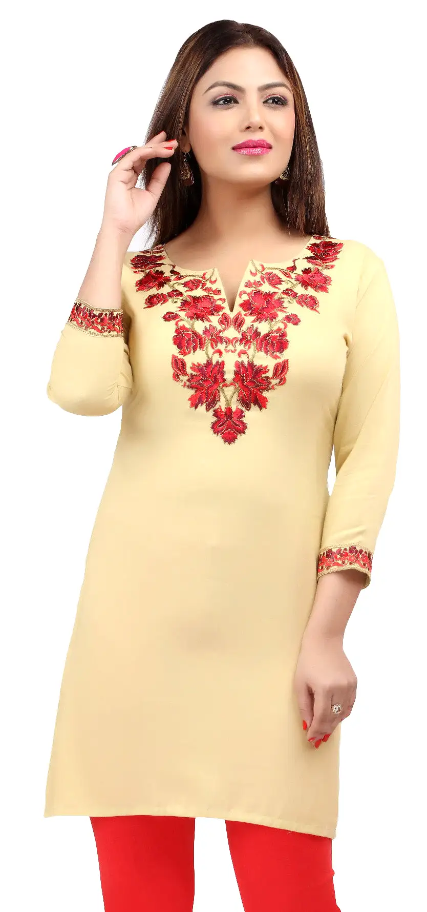 India Women's Tunic Top Kurti Embroidered Clothing (Light Gold)