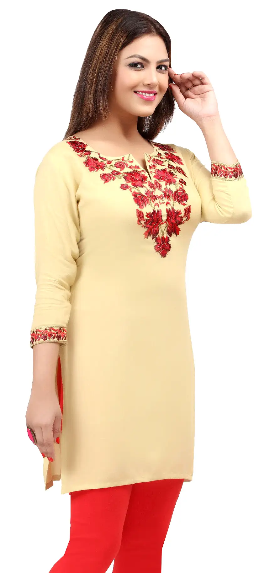 India Women's Tunic Top Kurti Embroidered Clothing (Light Gold)