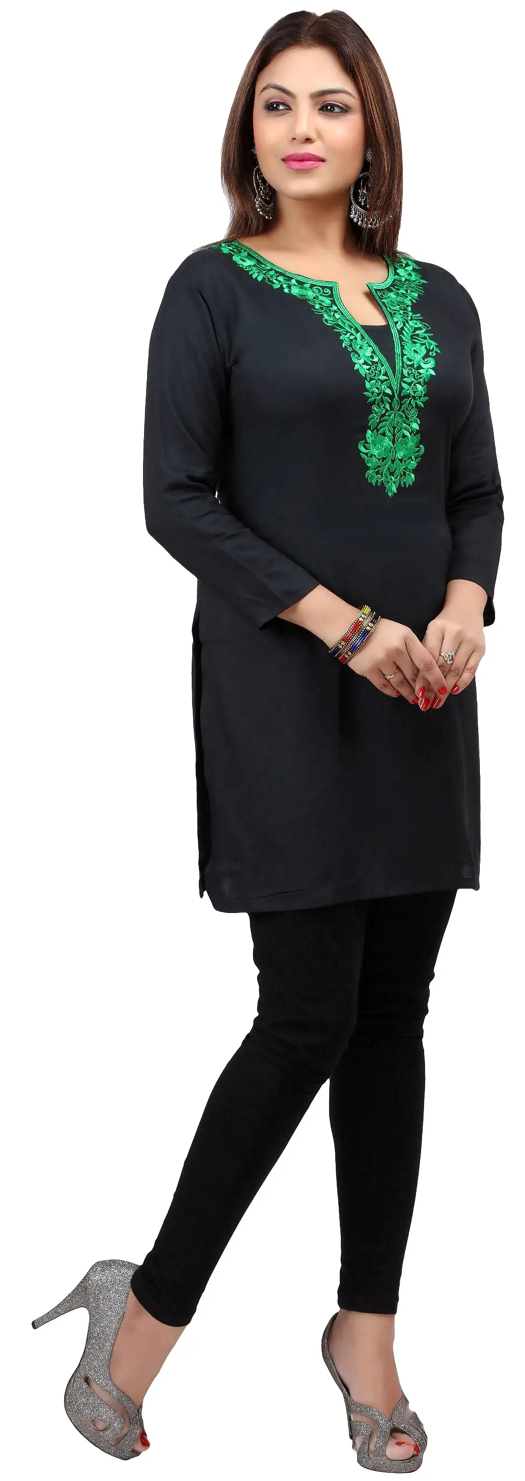 India Women's Tunic Top Kurti Embroidered Indian Clothing (Black/Green)