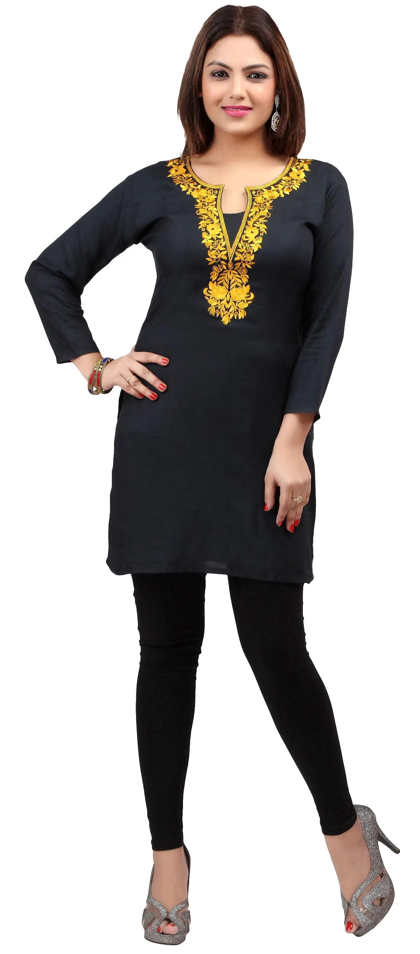 India Women's Tunic Top Kurti Embroidered Indian Clothing (Black/Yellow)