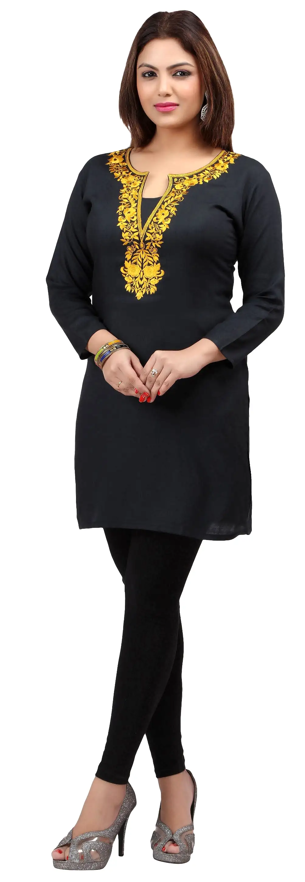 India Women's Tunic Top Kurti Embroidered Indian Clothing (Black/Yellow)