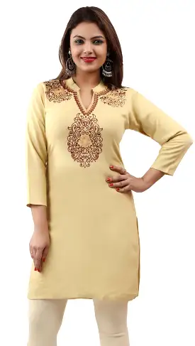 India Women's Tunic Top Kurti Embroidered Indian Clothing (Light Gold, XS)