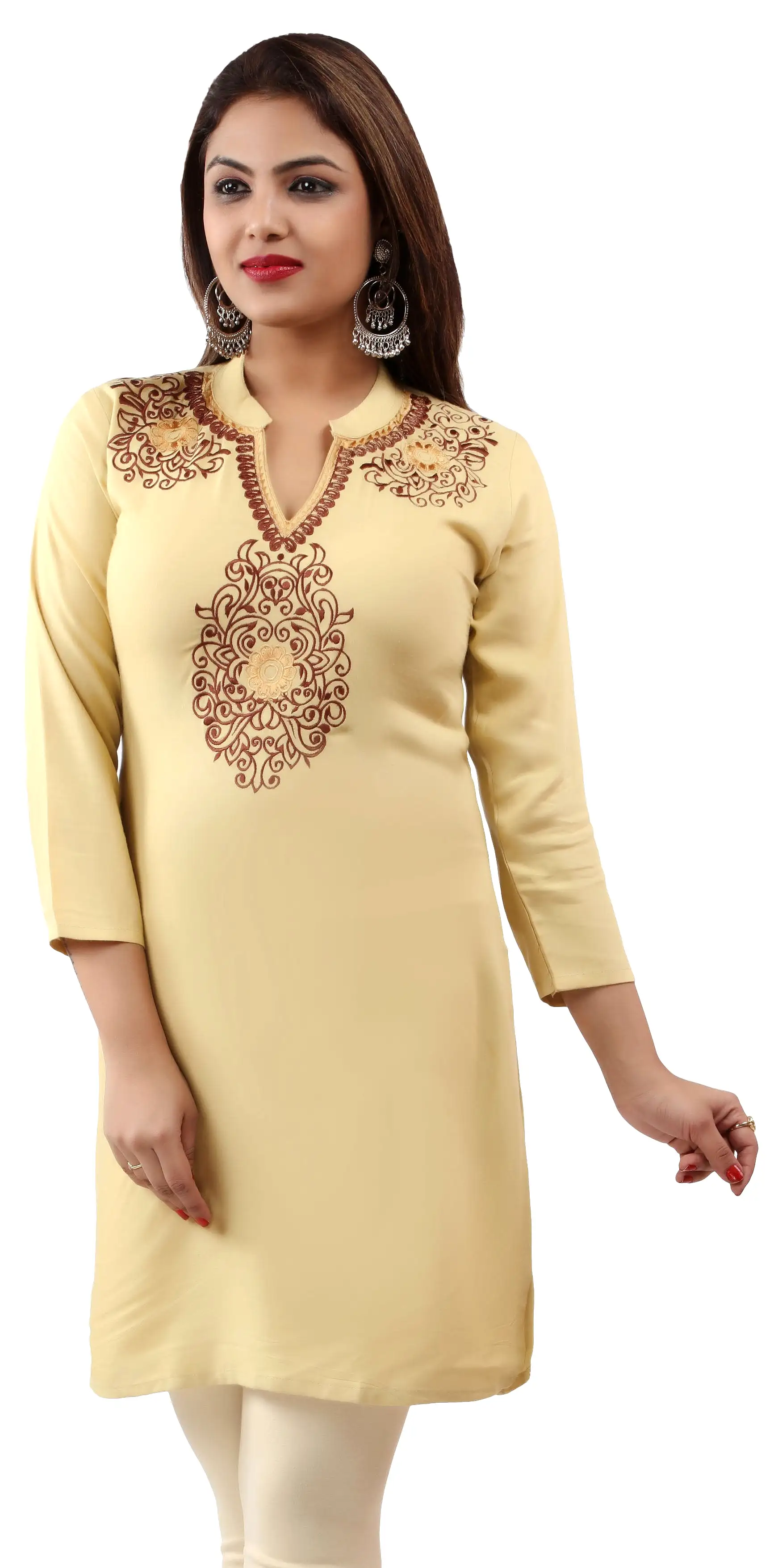 India Women's Tunic Top Kurti Embroidered Indian Clothing (Light Gold, XS)