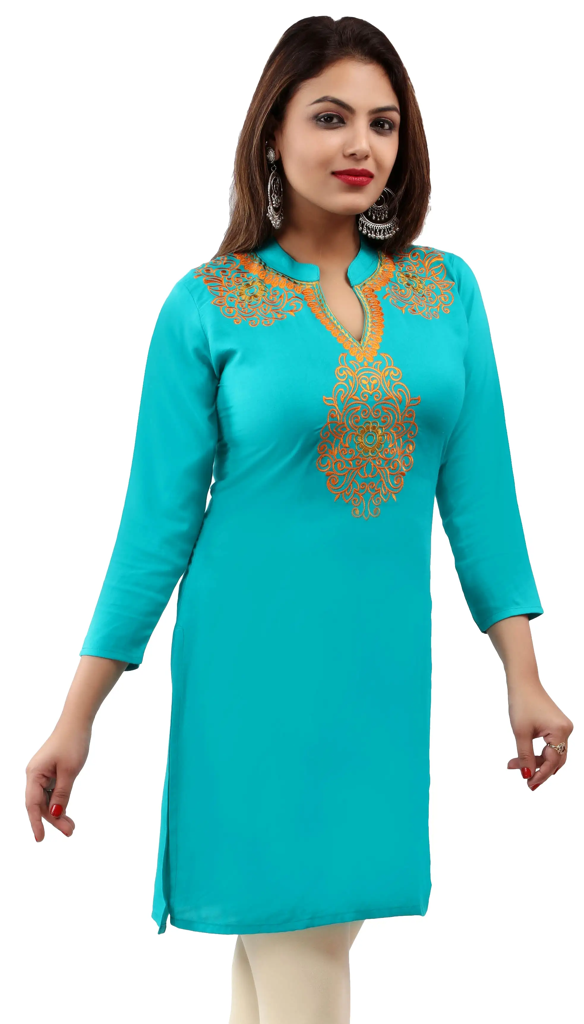 India Women's Tunic Top Kurti Embroidered Indian Clothing (Turquoise)