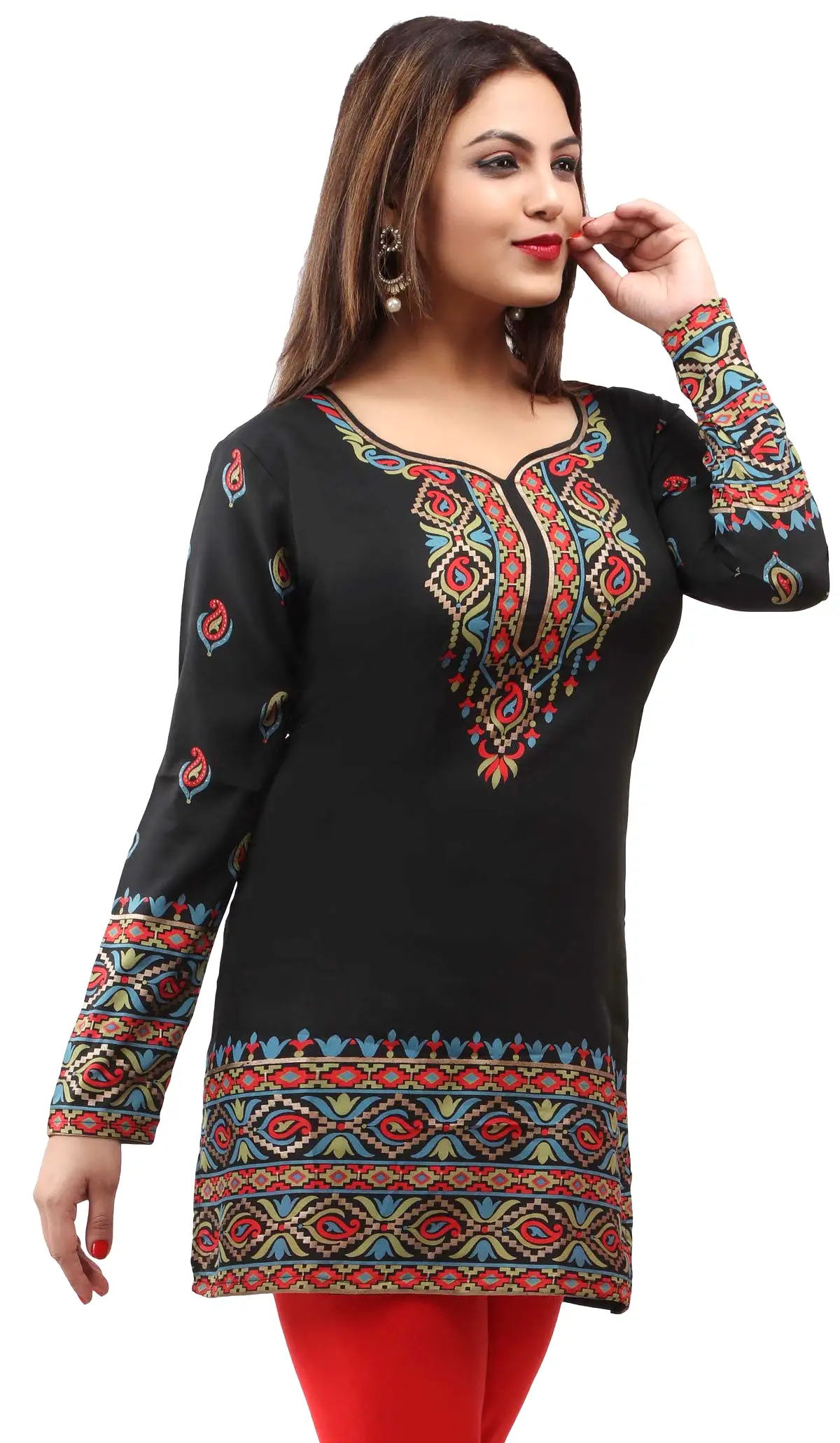 India Women's Tunic Top Kurti Printed Indian Clothing (Black)