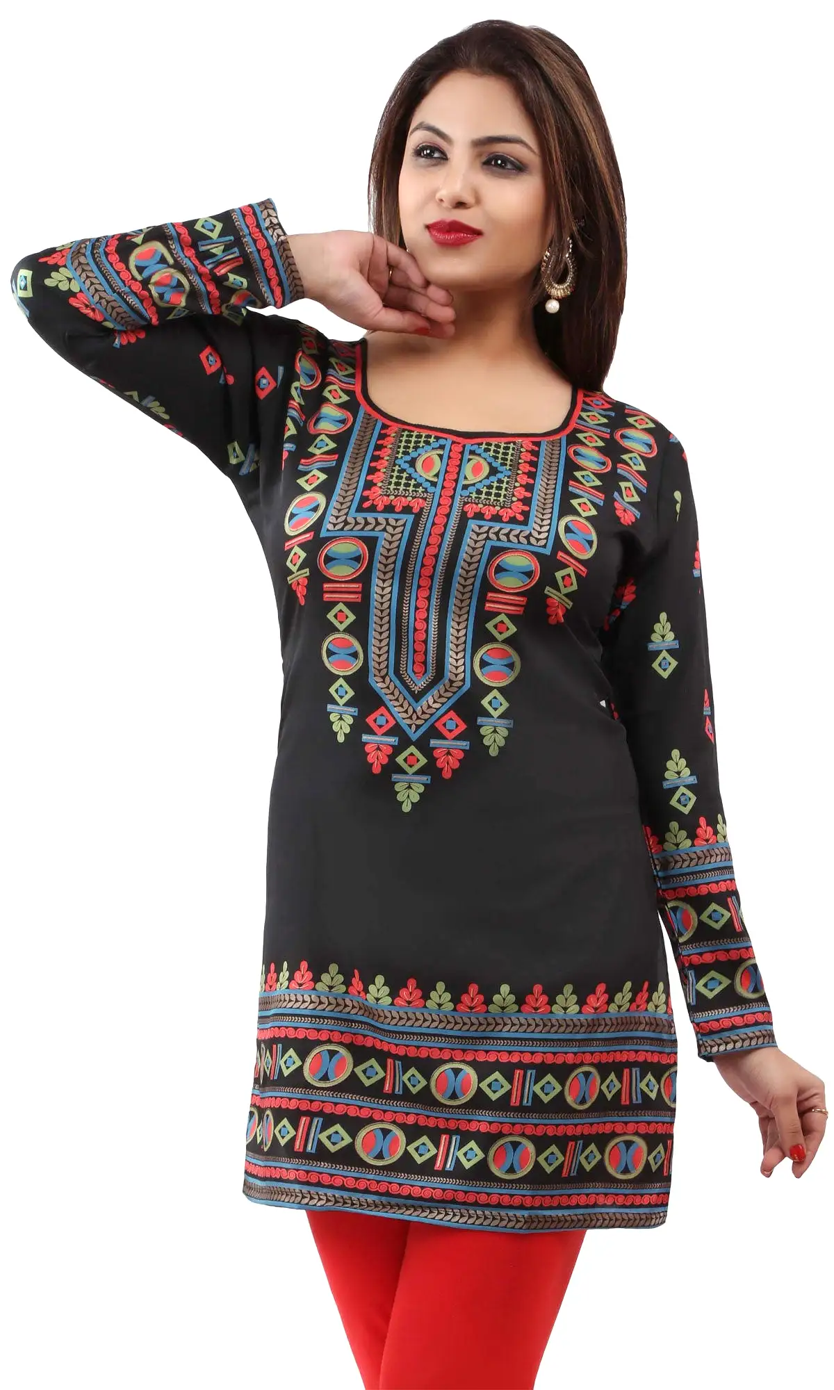 India Womens Tunic Top Kurti Printed Indian Clothing (Black)