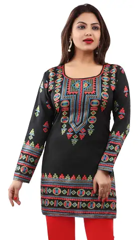 India Womens Tunic Top Kurti Printed Indian Clothing (Black)